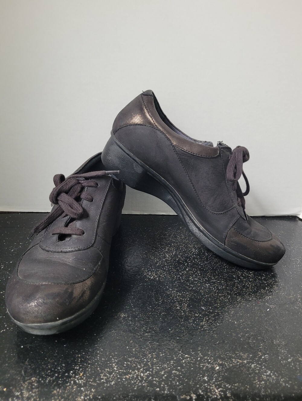 Dansko Loretta Black Bronze Metallic Wedge Oxfords